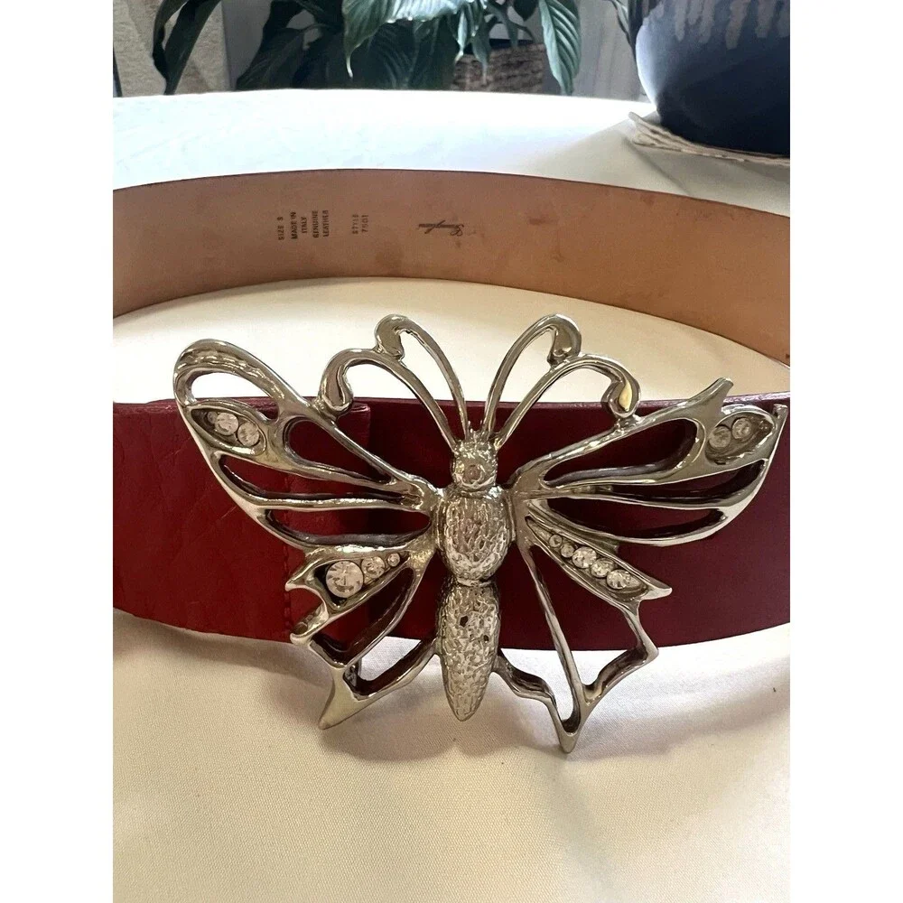 VTG Garuglieri Red Leather Belt fits 27-31” Butterfly Buckle Italy Y2K Boho West